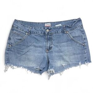 Vintage Y2K No Boundaries Denim Mini Shorts‎ Mid Rise Women Large Cut Off Grunge